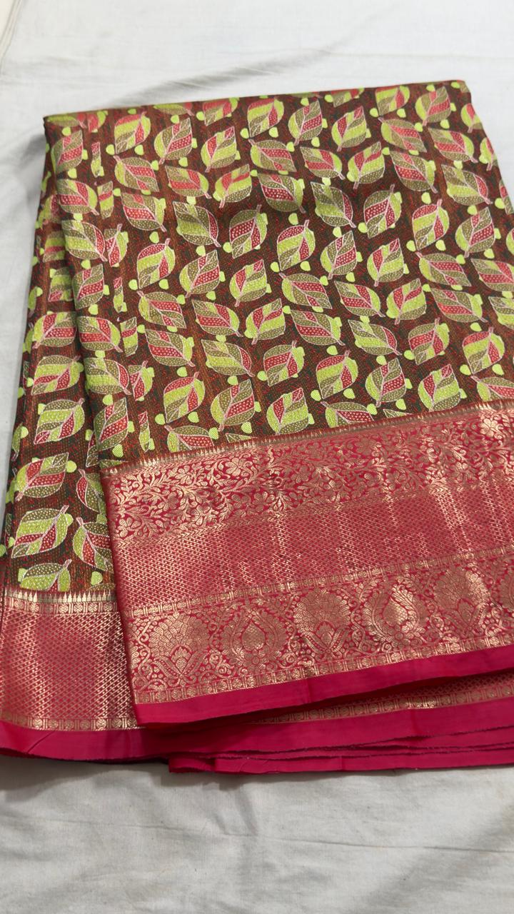 Chocolate Brown & Multicolour Leaf Motif Kanjivaram Silk Saree view 1 - Rangam Saradha Silks