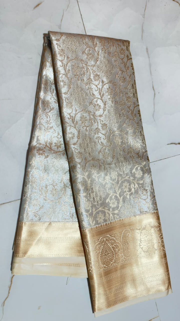 Ivory Champagne Floral Scroll Kanchi Silk Saree