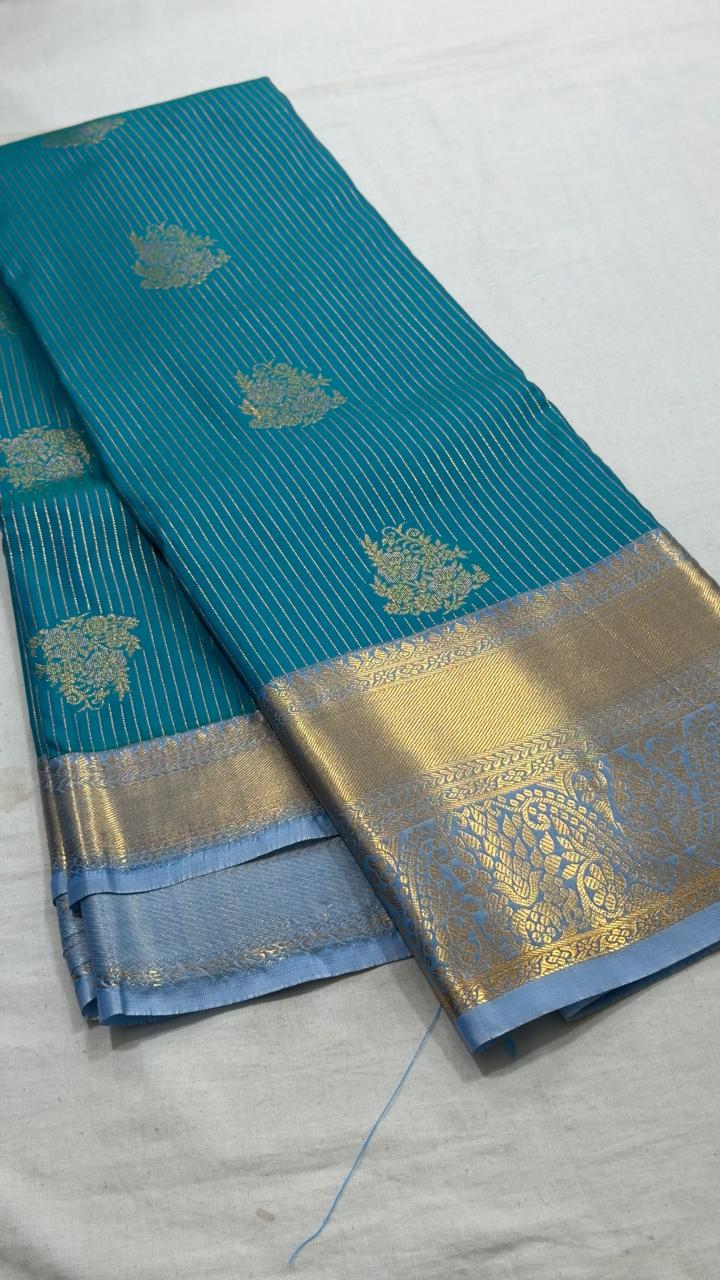 Peacock Teal Golden Blossom Kanjivaram Silk Saree view 1 - Rangam Saradha Silks