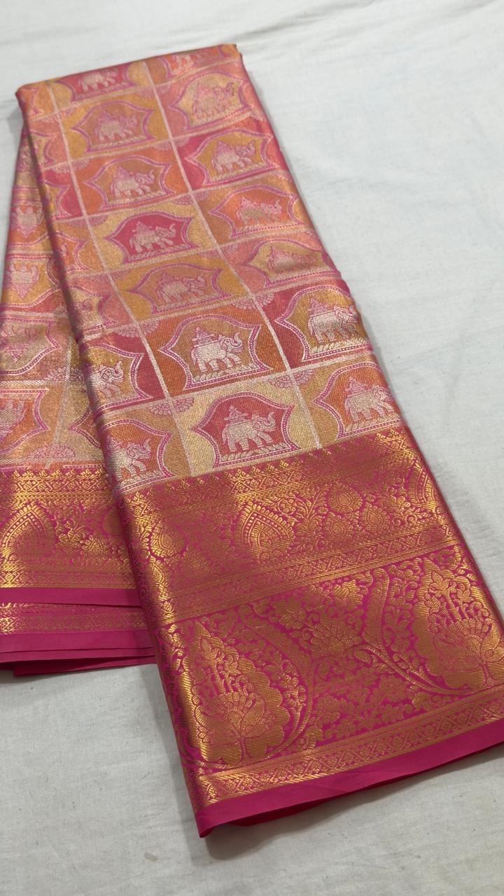 Antique Rose Pink Elephant Zari Kanjivaram Silk Saree view 1 - Rangam Saradha Silks