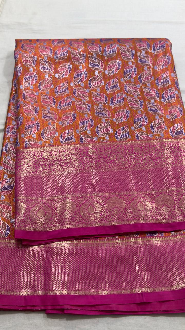 Rust Orange & Magenta Leaf Motif Kanjivaram Silk Saree view 1 - Rangam Saradha Silks