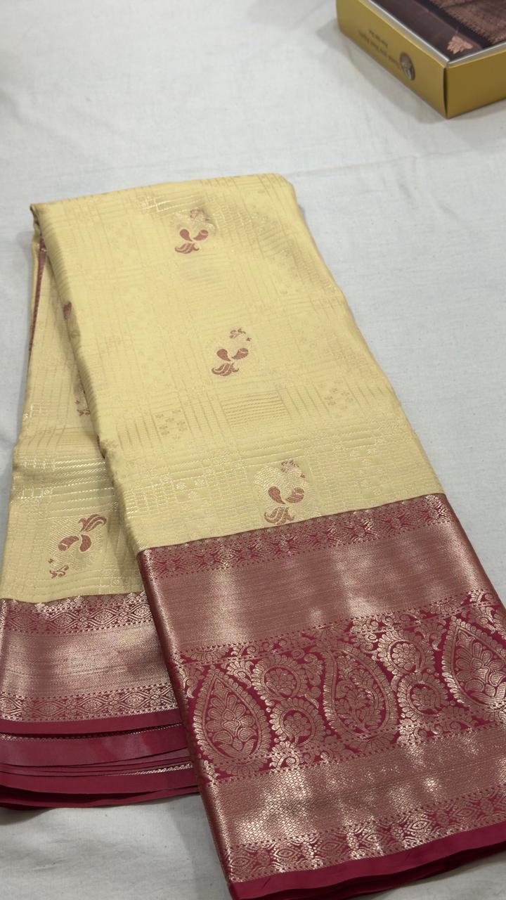 Cream Gold & Rosewood Heritage Kanjivaram Silk Saree view 1 - Rangam Saradha Silks