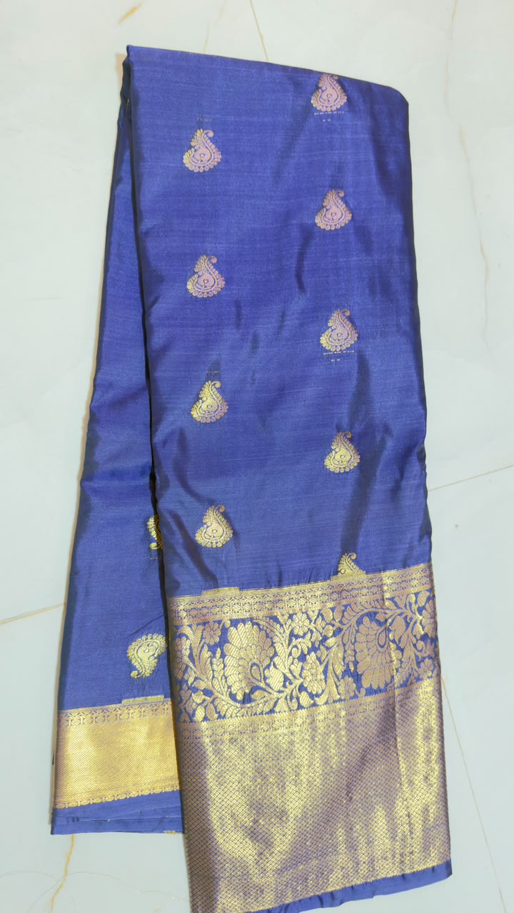 Royal Blue Gold Paisley Butta Kanchi Silk Saree