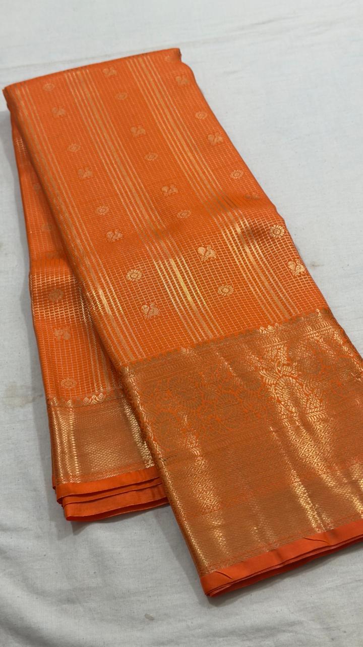 Marigold Orange Golden Petal Kanjivaram Silk Saree view 1 - Rangam Saradha Silks