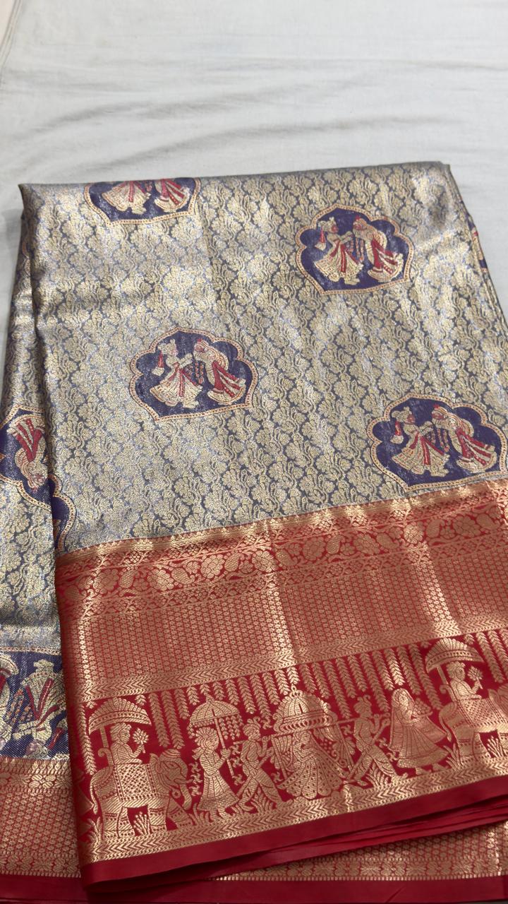 Silver Grey & Crimson Mythological Motif Kanjivaram Silk Saree view 1 - Rangam Saradha Silks