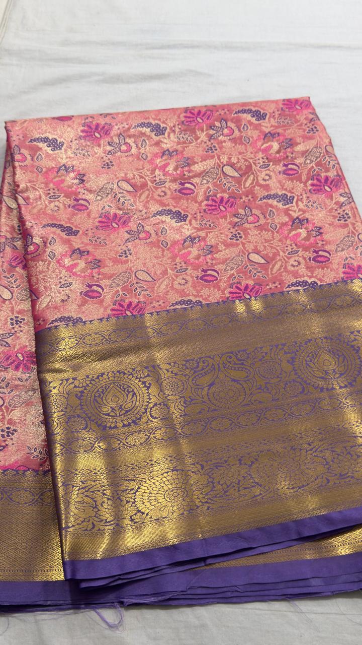 Peach Floral & Purple Paisley Zari Kanjivaram Silk Saree view 1 - Rangam Saradha Silks