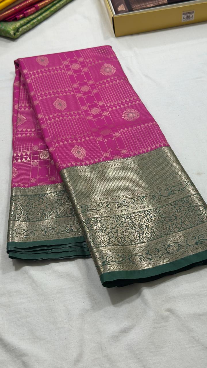 Rani Pink & Deep Teal Checked Kanjivaram Silk Saree view 1 - Rangam Saradha Silks