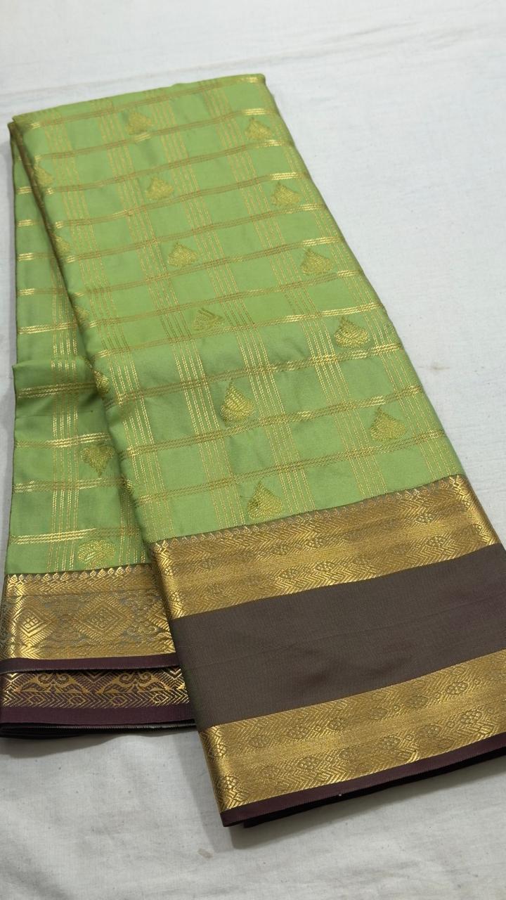 Pistachio Green Cocoa Zari Check Kanjivaram Silk Saree view 1 - Rangam Saradha Silks