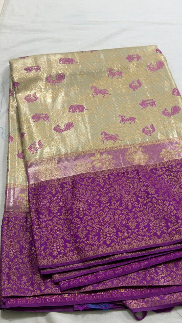 Gold & Purple Animal Motif Kanjivaram Silk Saree view 1 - Rangam Saradha Silks