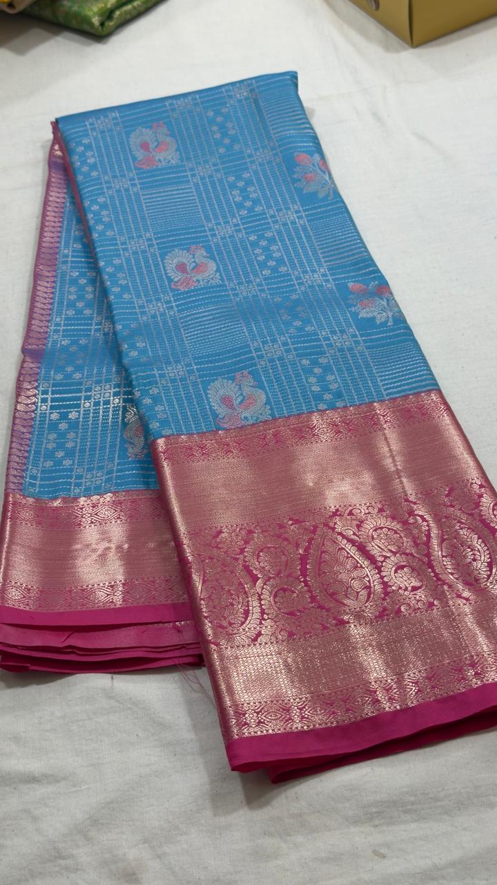 Sky Blue & Rose Pink Floral Grid Kanjivaram Silk Saree view 1 - Rangam Saradha Silks