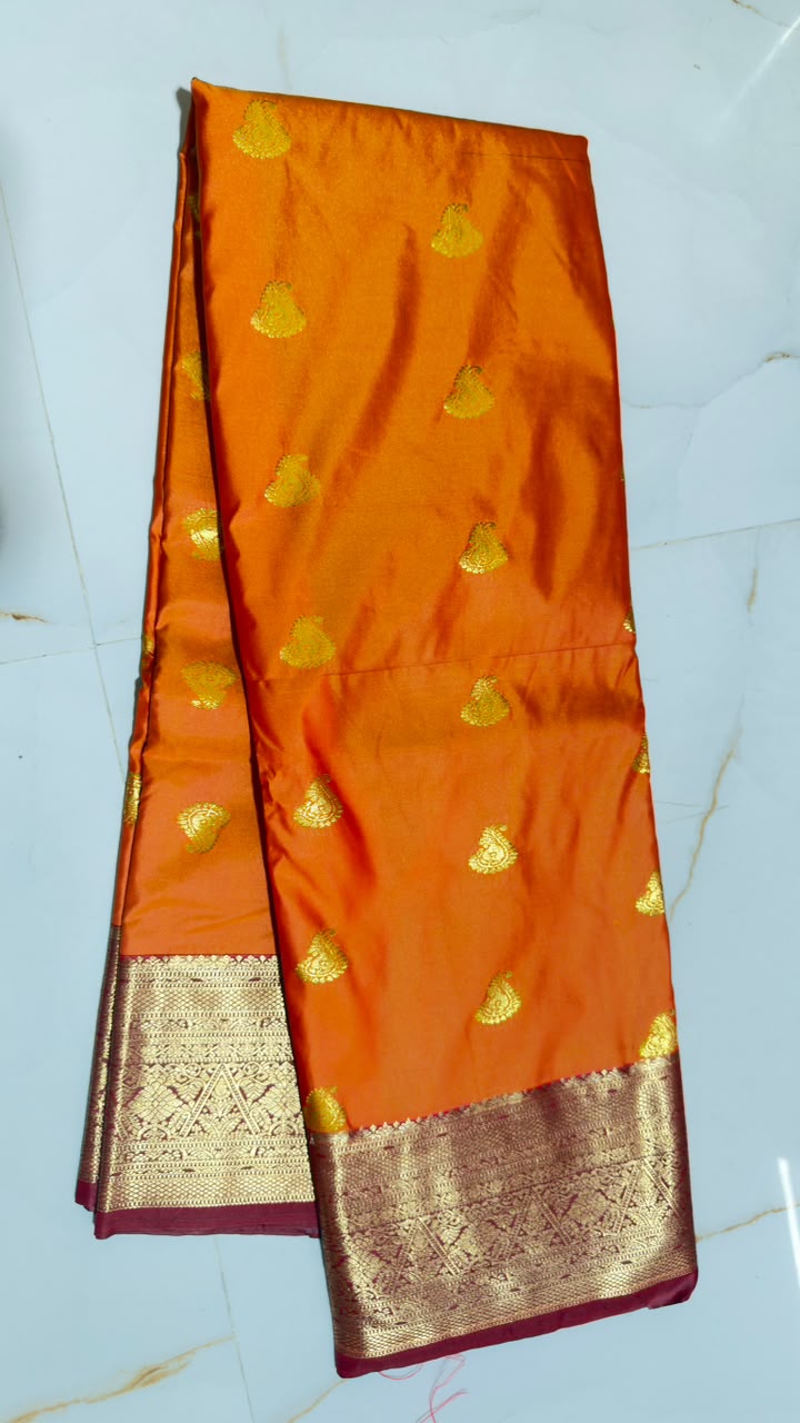 Marigold Orange Gold Butta Kanchi Silk Saree view 1 - Rangam Saradha Silks