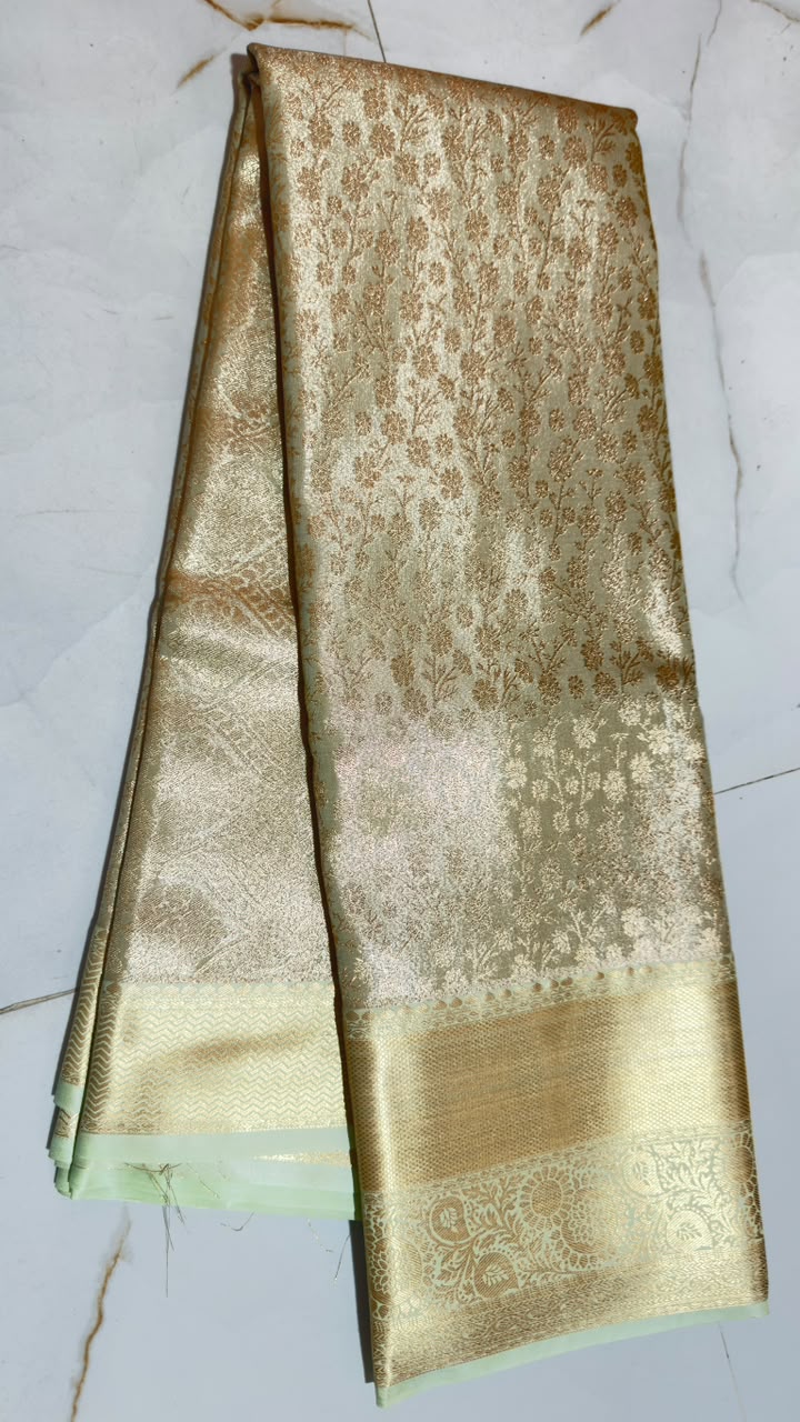 Champagne Gold Floral Vine Kanchi Silk Saree view 1 - Rangam Saradha Silks