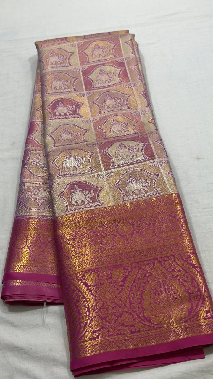 Beige Rose Elephant Motif Kanjivaram Silk Saree view 1 - Rangam Saradha Silks