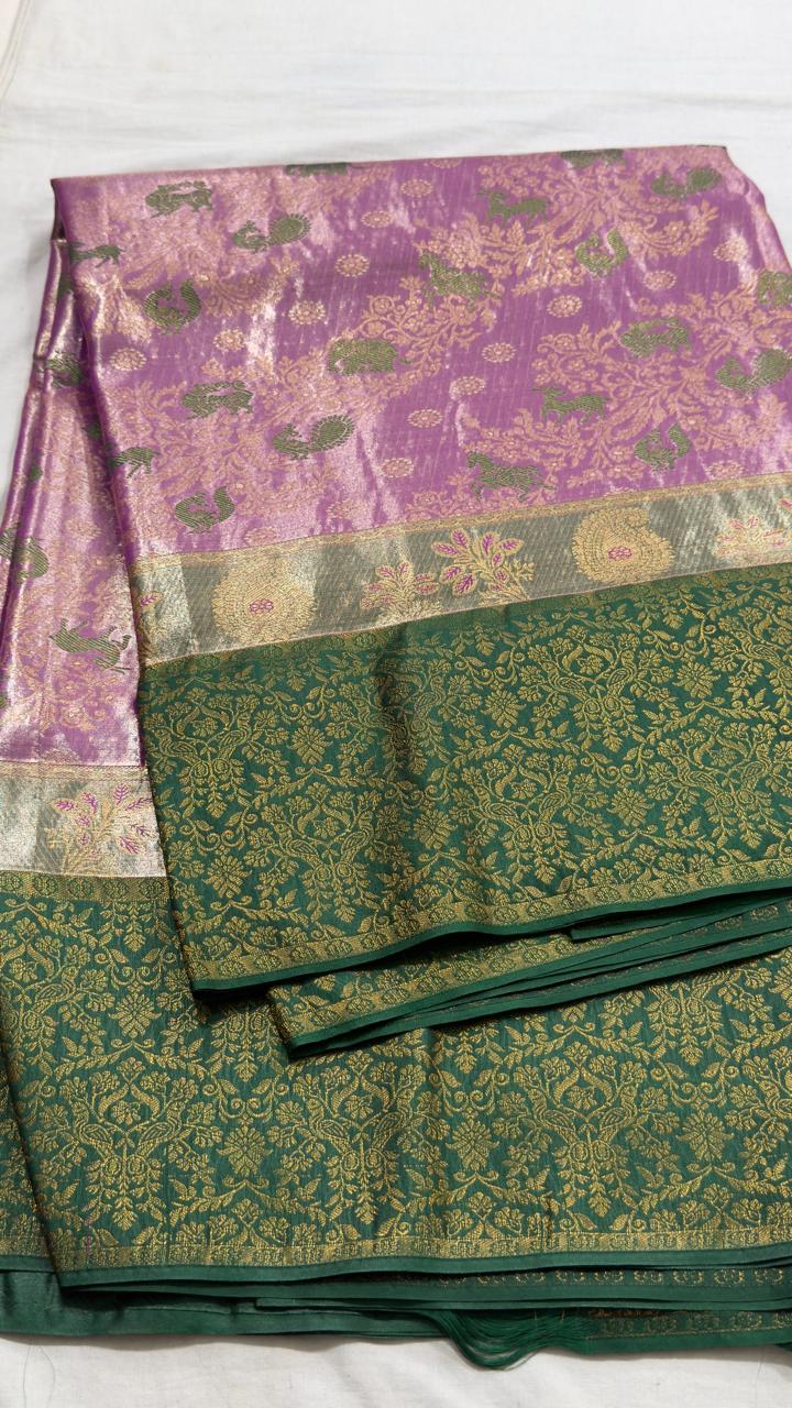 Lavender Pink & Emerald Green Peacock Motif Kanjivaram Silk Saree view 1 - Rangam Saradha Silks