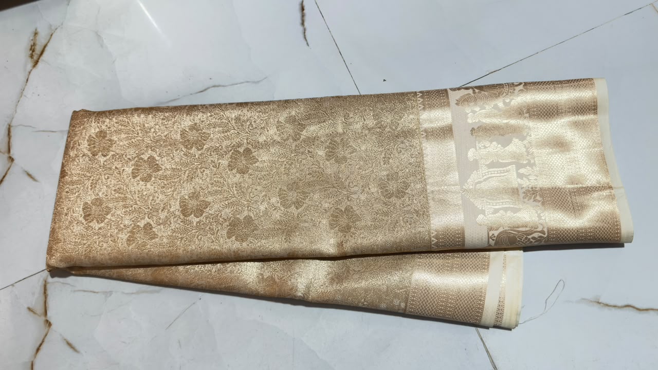 Golden Beige Floral Brocade Kanchi Silk Saree view 1 - Rangam Saradha Silks