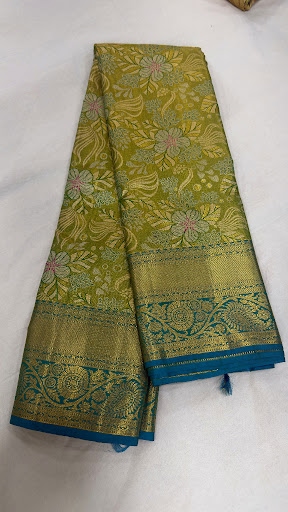 Pure Kanjivaram Silk Saree – Olive Green Teal Gold view 4 - Rangam Saradha Silks