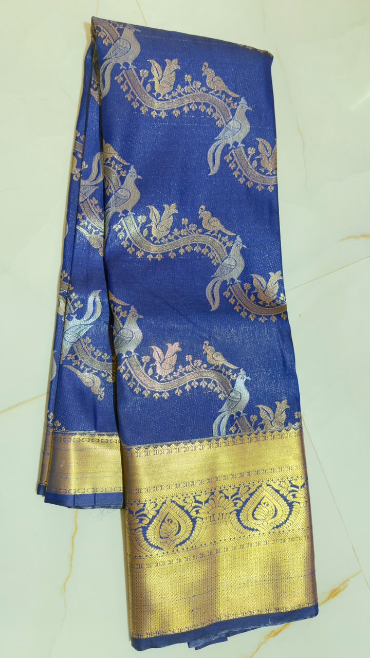 Royal Blue Peacock Parade Kanchi Silk Saree view 1 - Rangam Saradha Silks