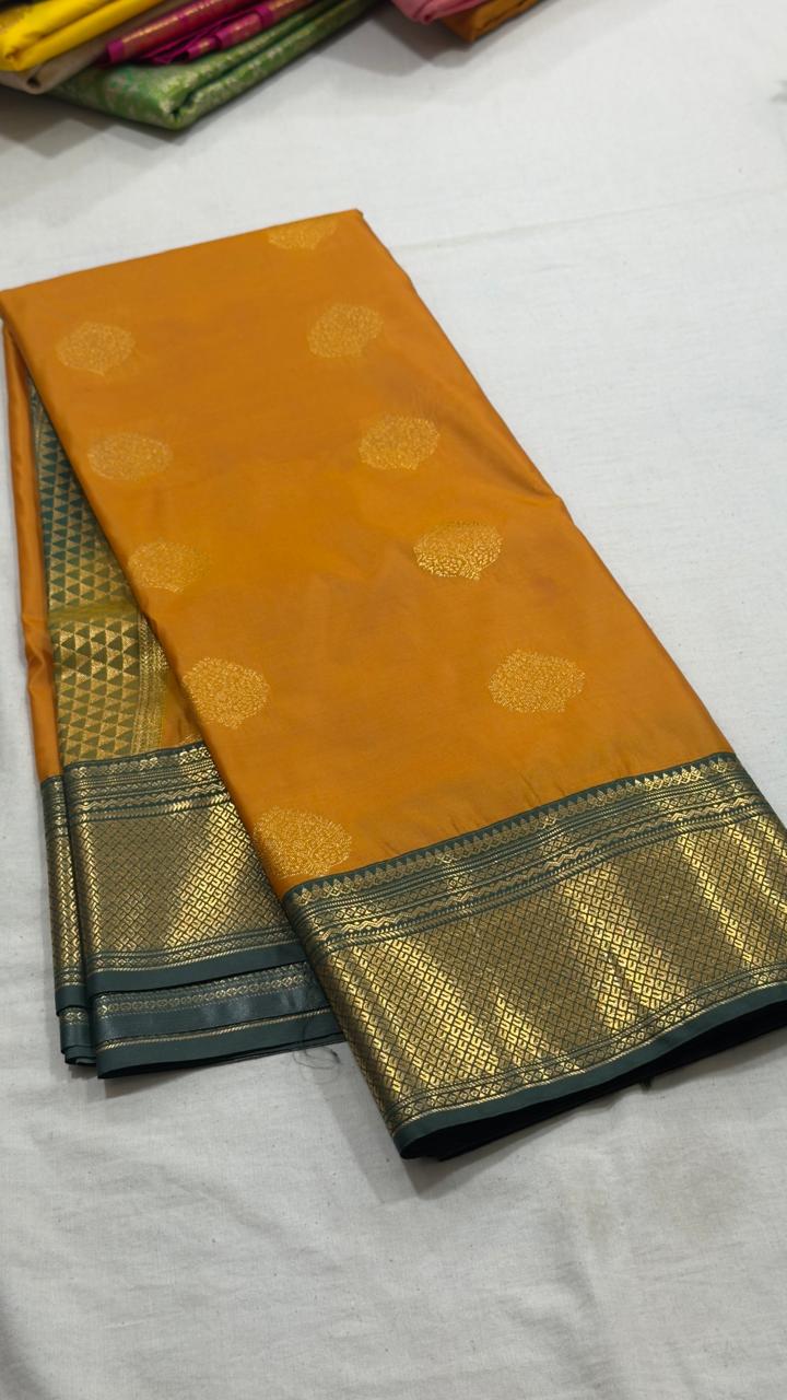 Mustard Orange & Charcoal Gold Kanjivaram Silk Saree view 1 - Rangam Saradha Silks