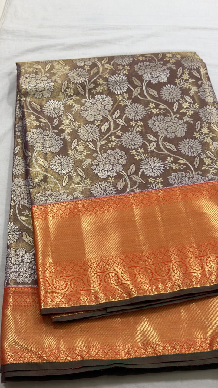 Chocolate Brown & Copper Gold Floral Kanjivaram Silk Saree view 1 - Rangam Saradha Silks