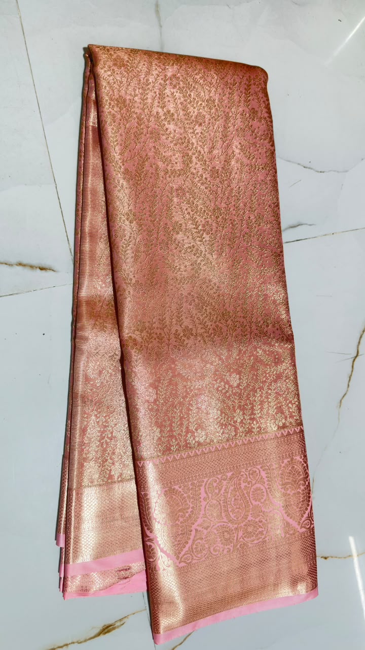 Dusty Rose Antique Gold Brocade Kanchi Silk Saree view 1 - Rangam Saradha Silks