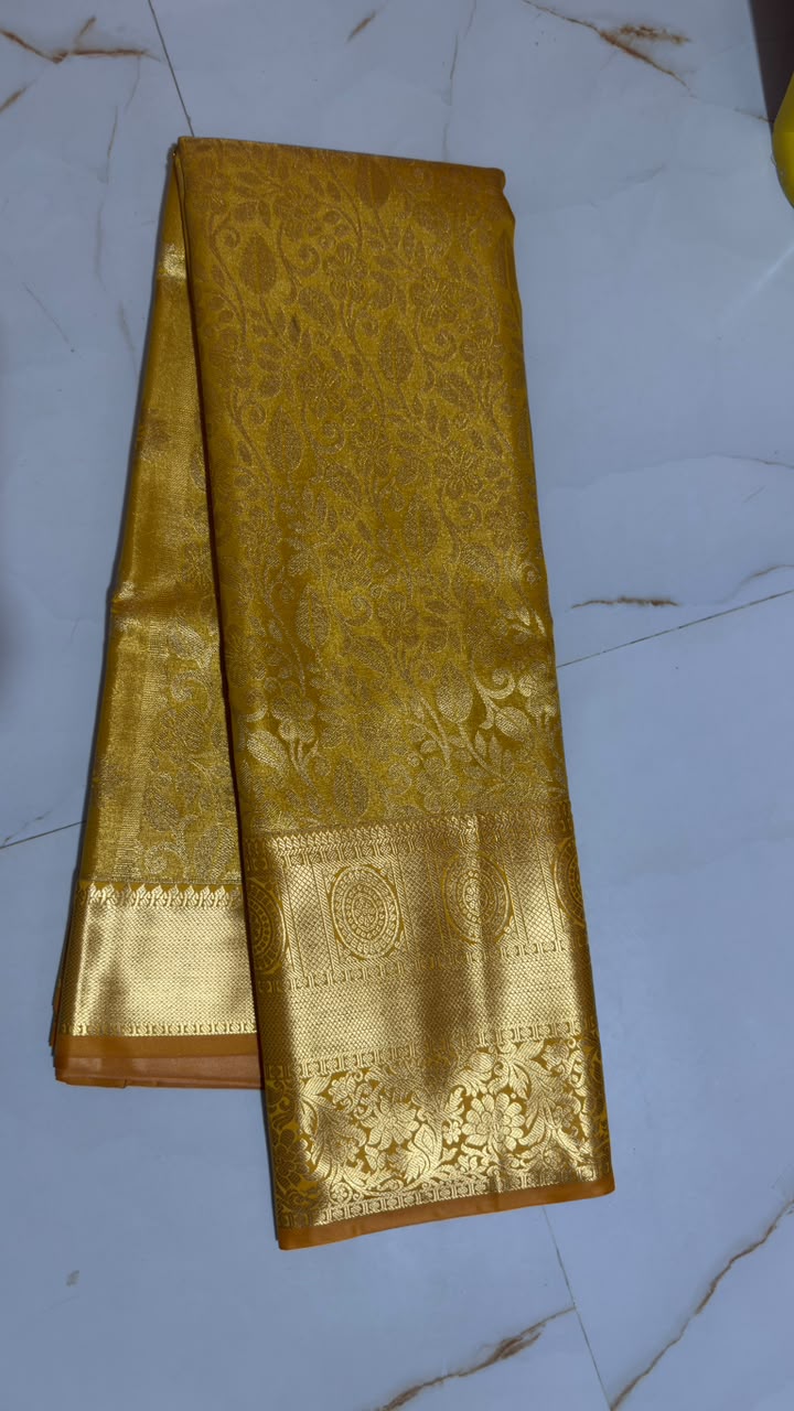Mustard Gold Floral Scroll Kanchi Silk Saree view 1 - Rangam Saradha Silks