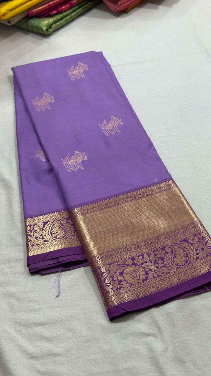 Lavender Purple & Antique Gold Paisley Kanjivaram Silk Saree view 1 - Rangam Saradha Silks