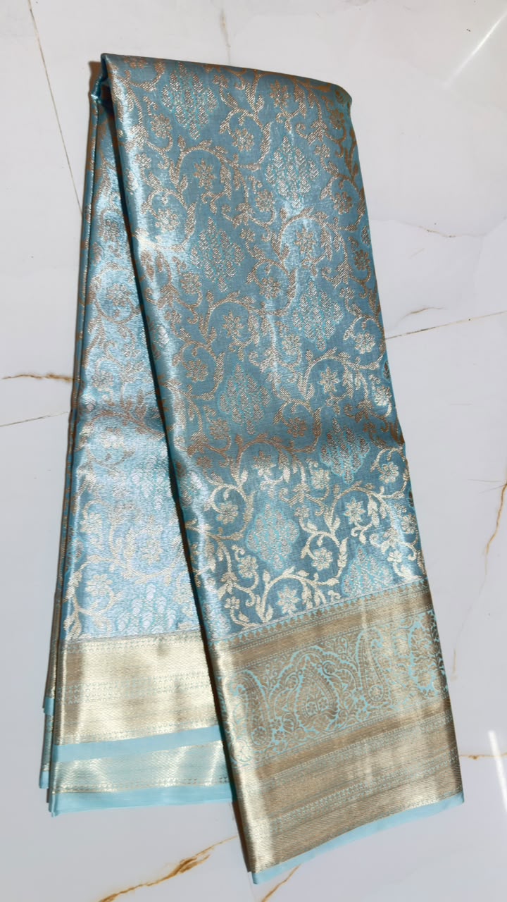 Turquoise Gold Floral Vine Kanchi Silk Saree view 1 - Rangam Saradha Silks