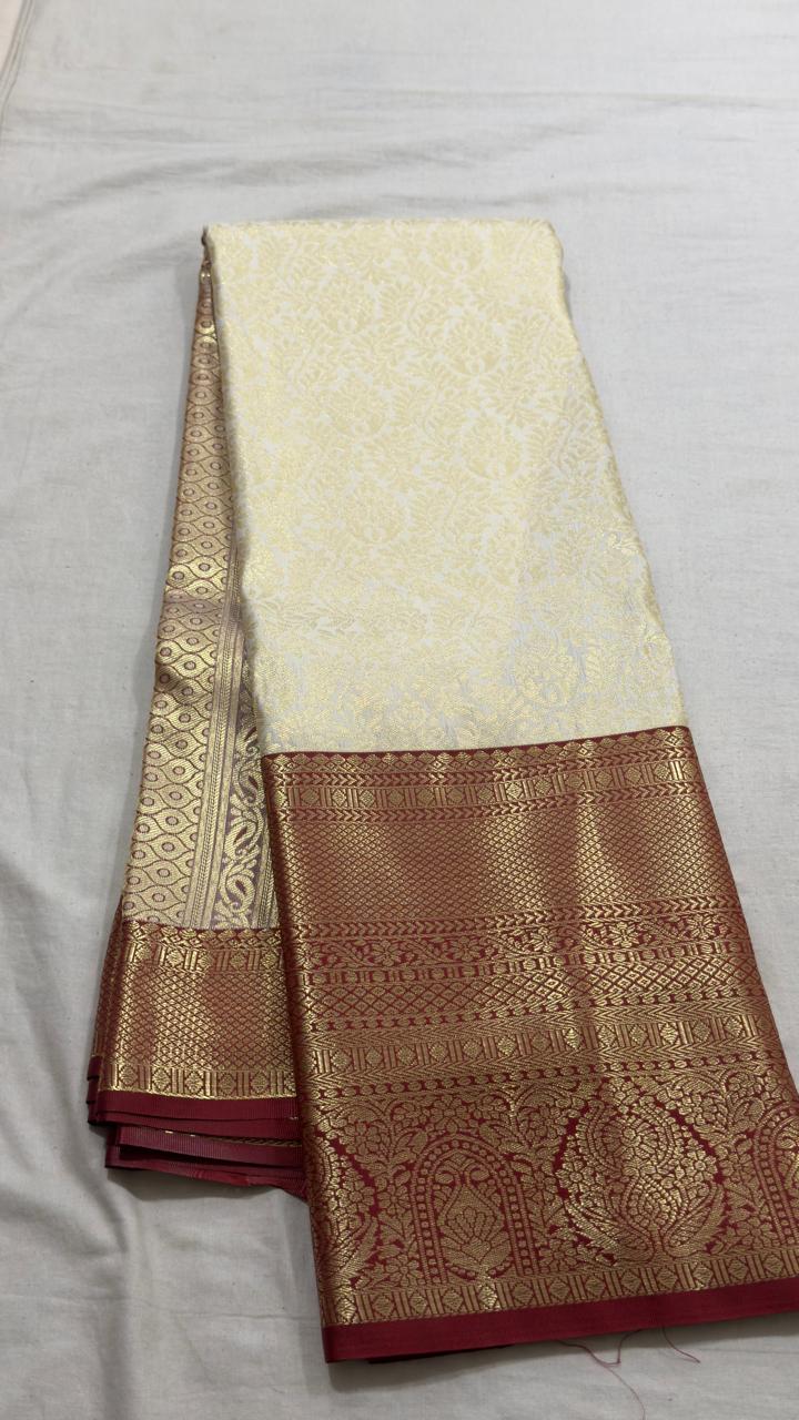 Ivory & Maroon Traditional Zari Kanjivaram Silk Saree view 1 - Rangam Saradha Silks