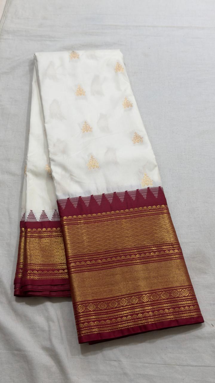 White & Maroon Temple Border Kanjivaram Silk Saree view 1 - Rangam Saradha Silks
