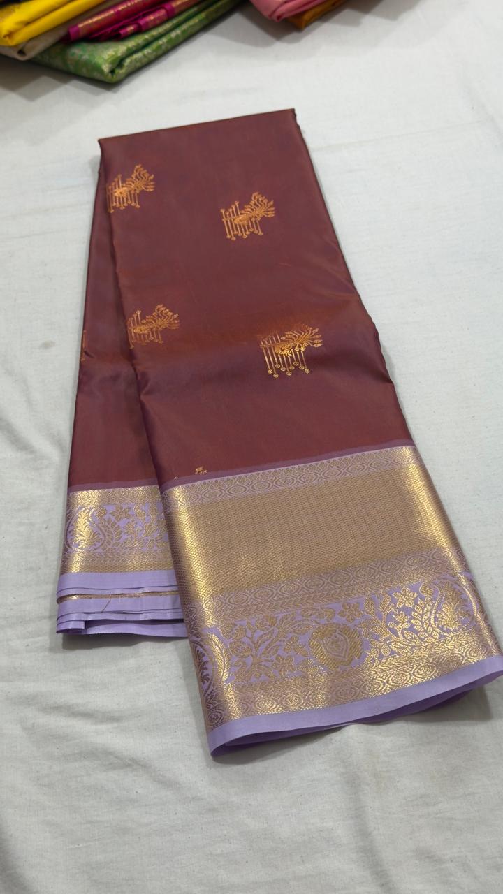Wine Brown & Lavender Temple Motif Kanjivaram Silk Saree view 1 - Rangam Saradha Silks