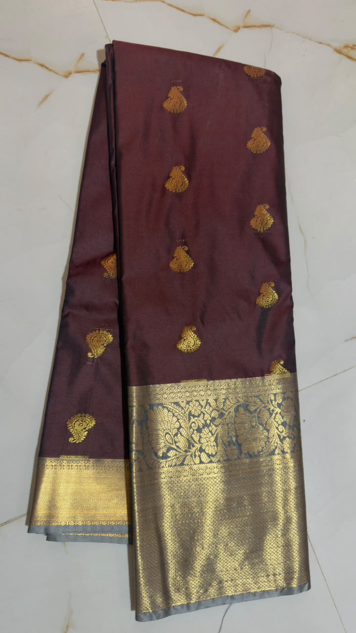 Deep Wine Paisley Butta Kanchi Silk Saree view 1 - Rangam Saradha Silks
