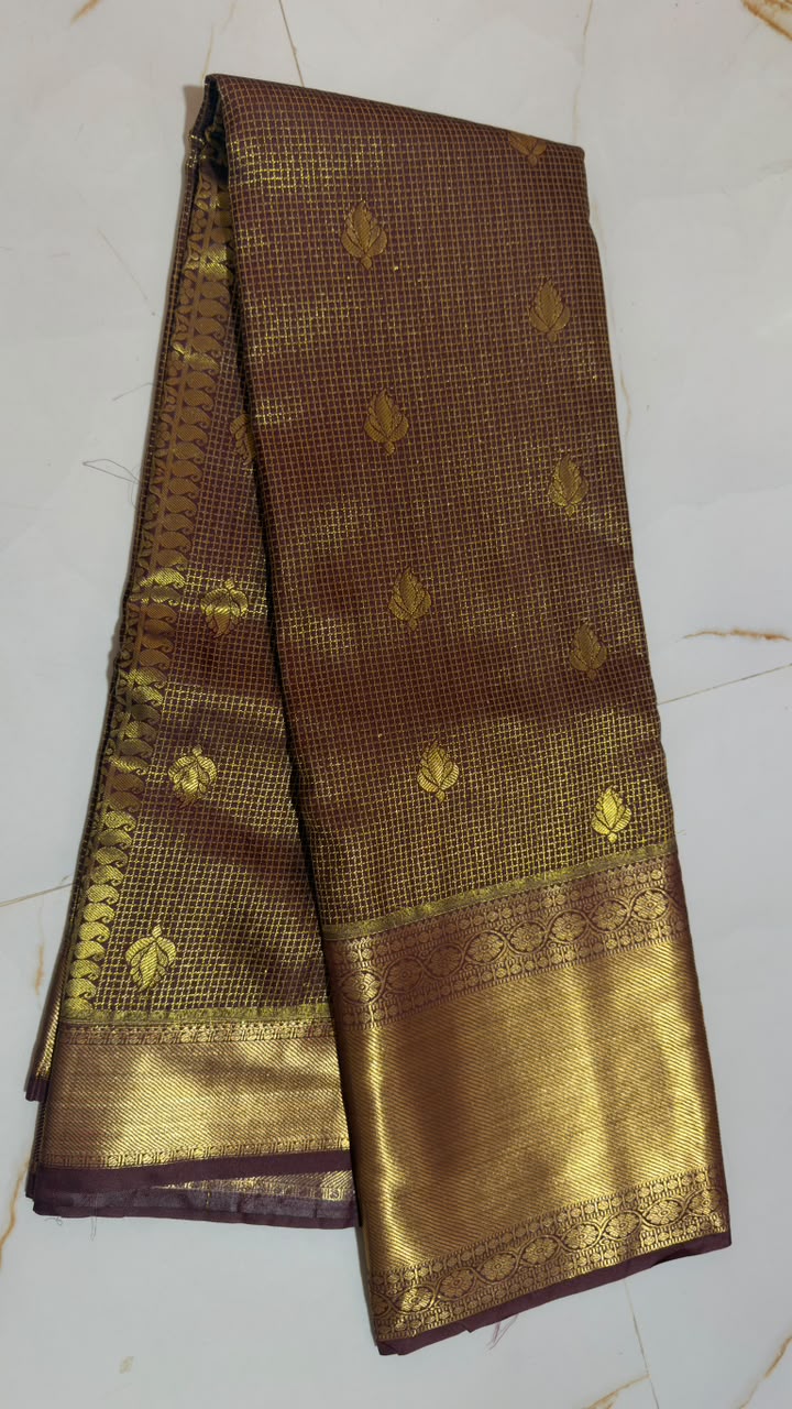 Chocolate Brown Grid Butta Kanchi Silk Saree view 1 - Rangam Saradha Silks