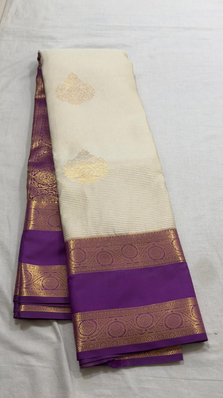 Cream & Purple Classic Zari Kanjivaram Silk Saree view 1 - Rangam Saradha Silks