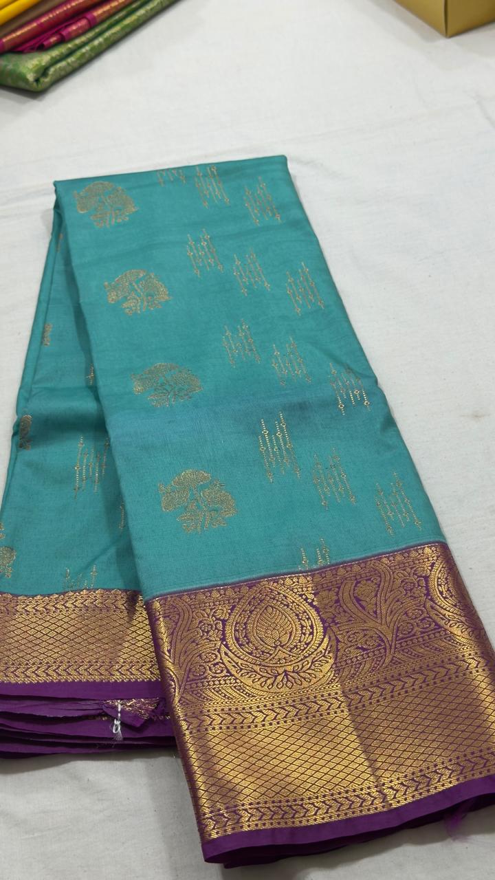 Turquoise Blue & Purple Paisley Zari Kanjivaram Silk Saree view 1 - Rangam Saradha Silks