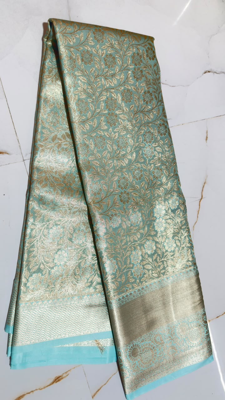 Sea Green Gold Garden Vine Kanchi Silk Saree view 1 - Rangam Saradha Silks