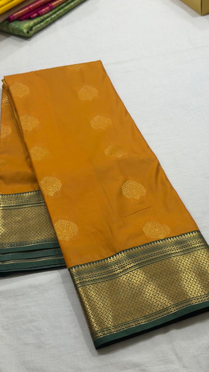 Mustard Gold & Deep Green Traditional Motif Kanjivaram Silk Saree view 1 - Rangam Saradha Silks