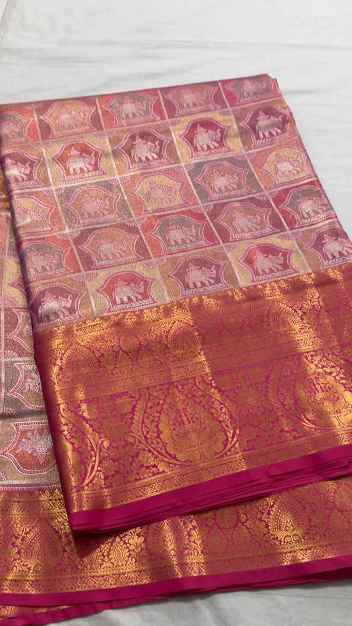 Rose Pink & Magenta Elephant Motif Kanjivaram Silk Saree view 1 - Rangam Saradha Silks