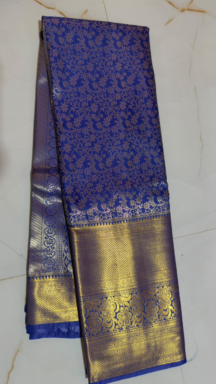 Royal Blue Floral Jaal Kanchi Silk Saree view 1 - Rangam Saradha Silks