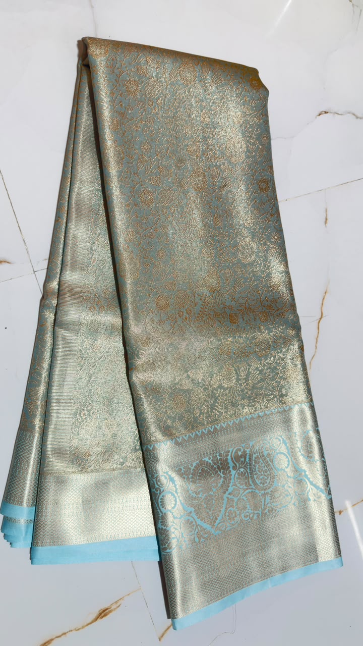 Powder Blue Antique Gold Floral Kanchi Silk Saree view 1 - Rangam Saradha Silks