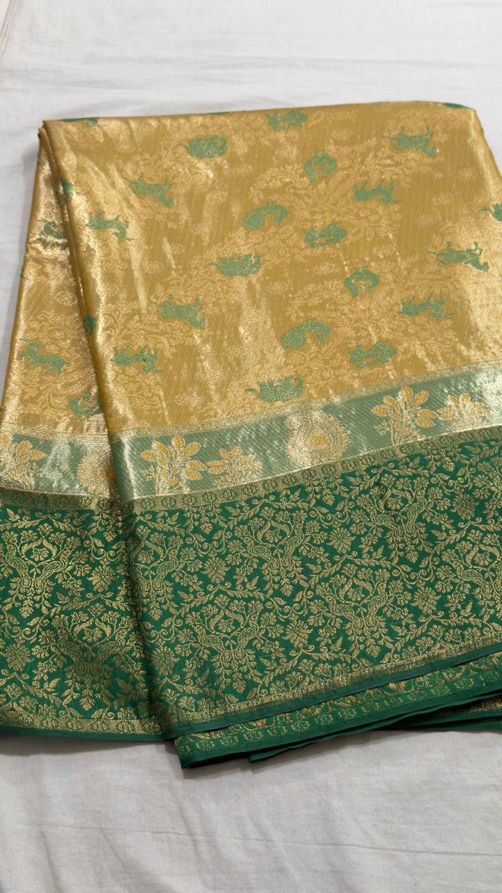 Gold & Emerald Green Peacock Motif Kanjivaram Silk Saree view 1 - Rangam Saradha Silks
