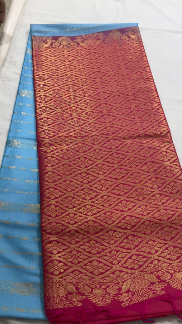 Powder Blue & Magenta Diamond Weave Kanjivaram Silk Saree
