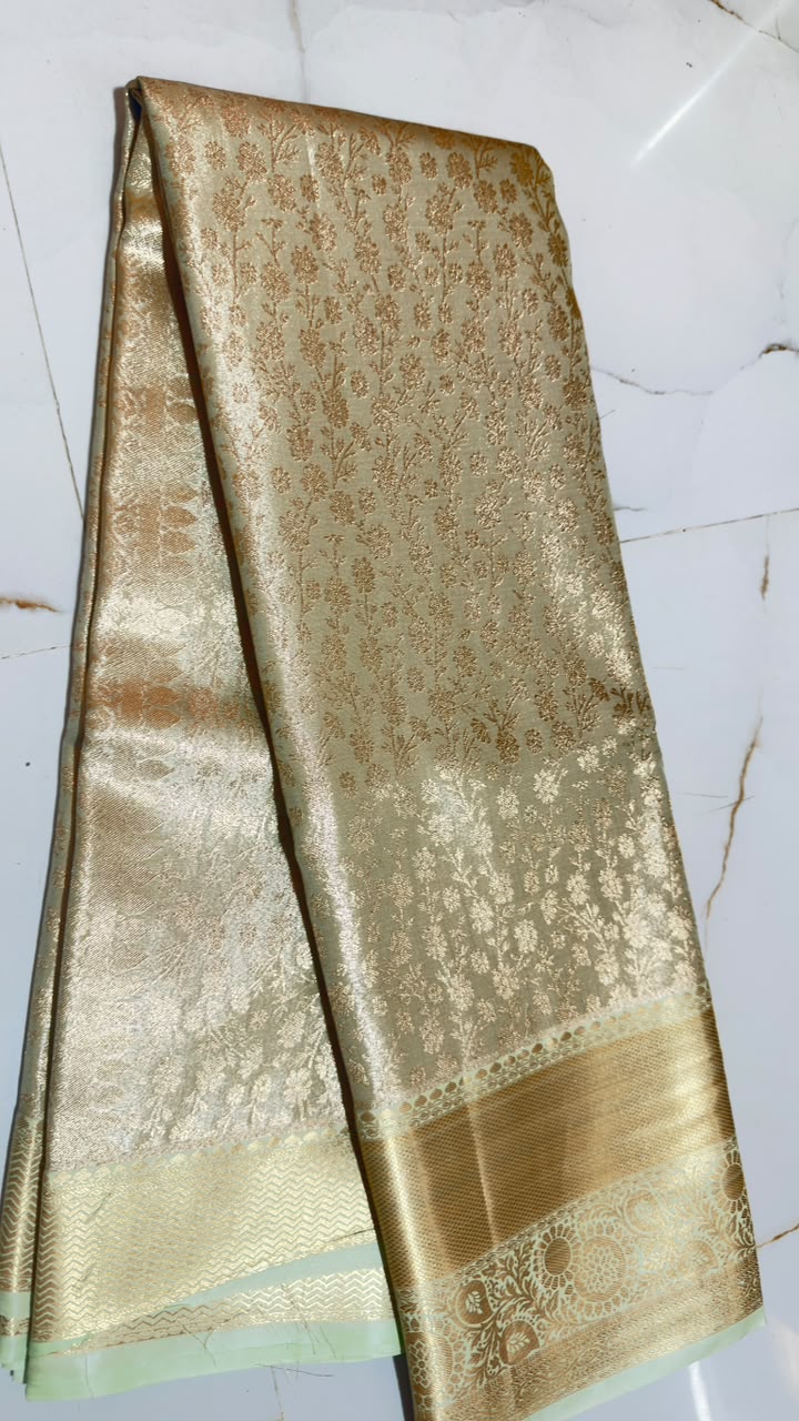 Champagne Gold Floral Vine Kanchi Silk Saree view 1 - Rangam Saradha Silks