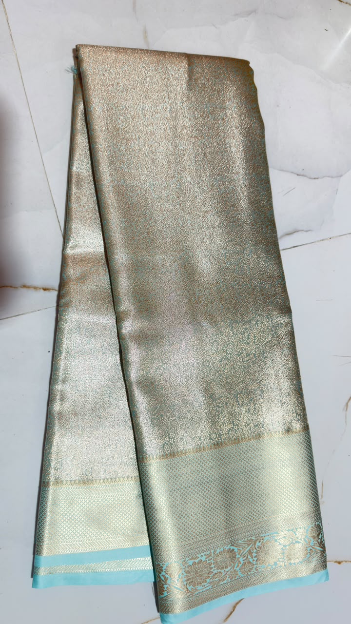 Mint Aqua Silver Gold Brocade Kanchi Silk Saree view 1 - Rangam Saradha Silks