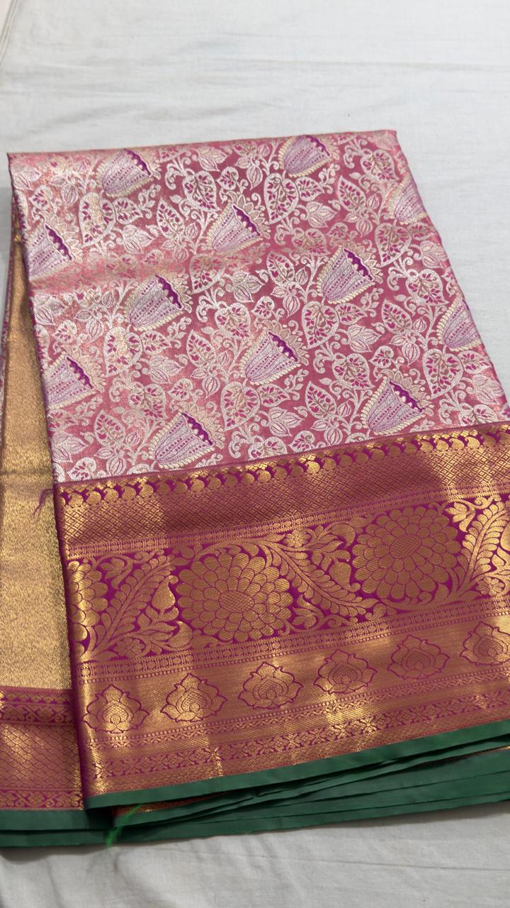 Rose Pink & Emerald Green Floral-Paisley Kanjivaram Silk Saree view 1 - Rangam Saradha Silks
