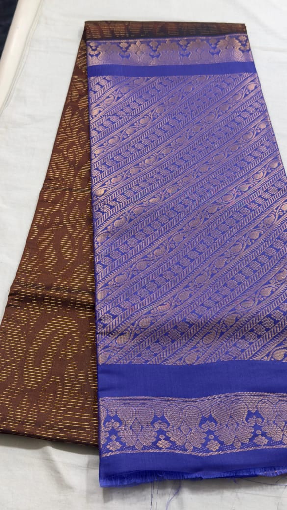 Royal Blue & Chocolate Brown Diagonal Zari Kanjivaram Silk Saree