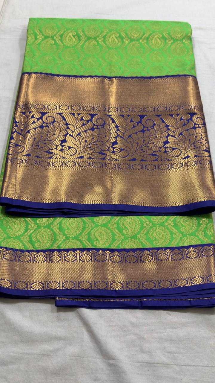 Parrot Green & Royal Blue Floral Zari Kanjivaram Silk Saree view 1 - Rangam Saradha Silks