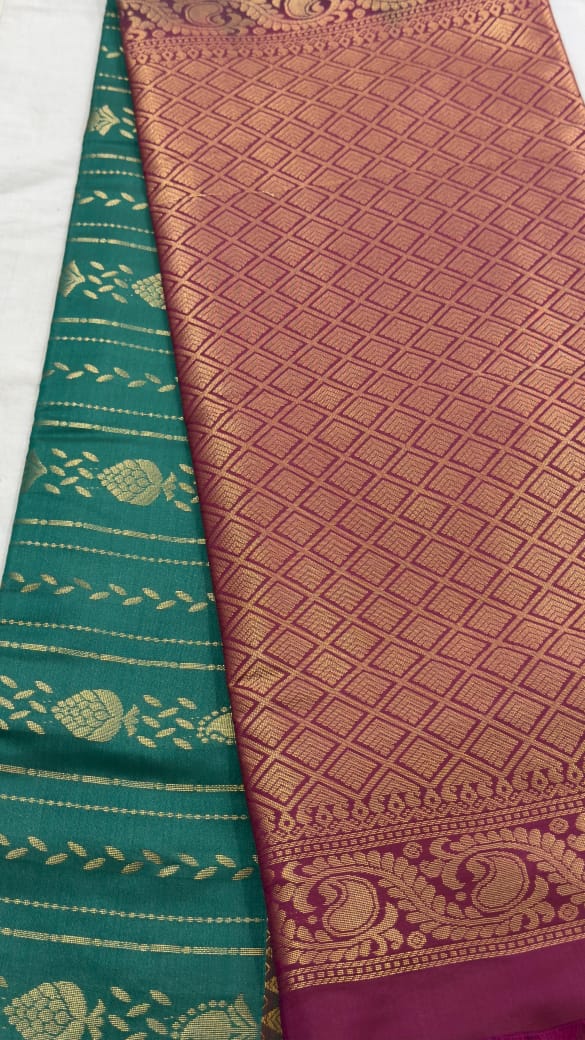 Teal Green & Mauve Diamond Pattern Kanjivaram Silk Saree
