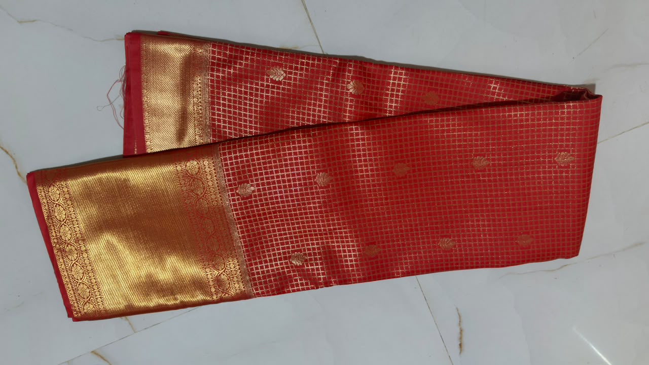 Red Checked Zari Butta Kanchi Silk Saree view 1 - Rangam Saradha Silks