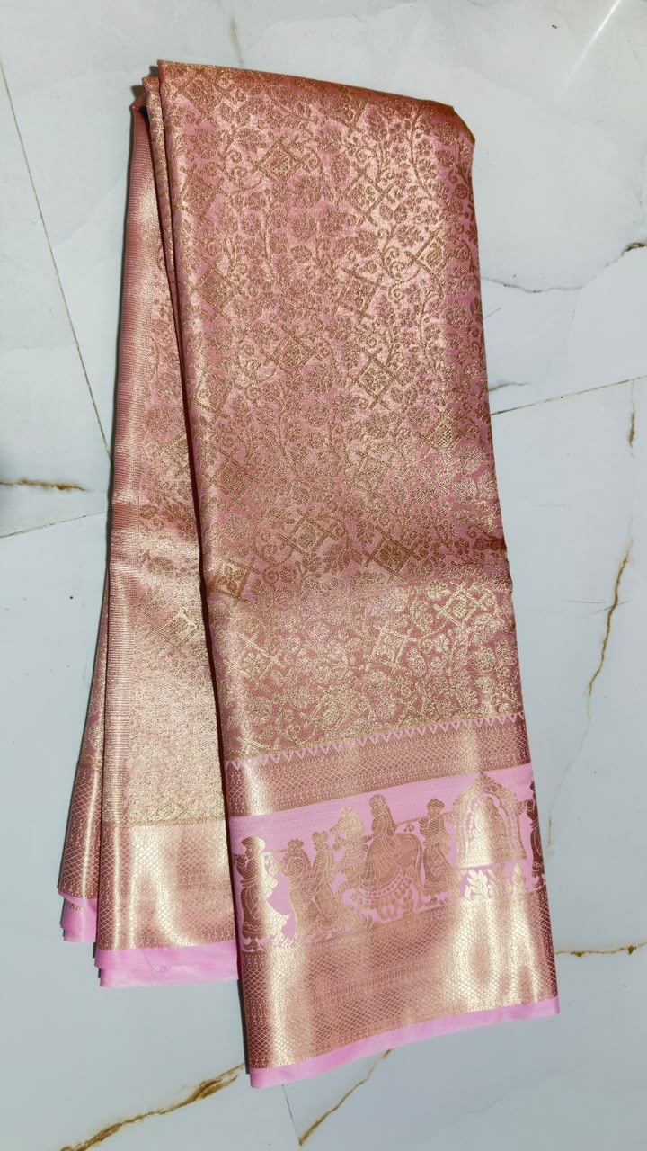 Rose Pink Antique Gold Temple Motif Kanchi Silk Saree view 1 - Rangam Saradha Silks