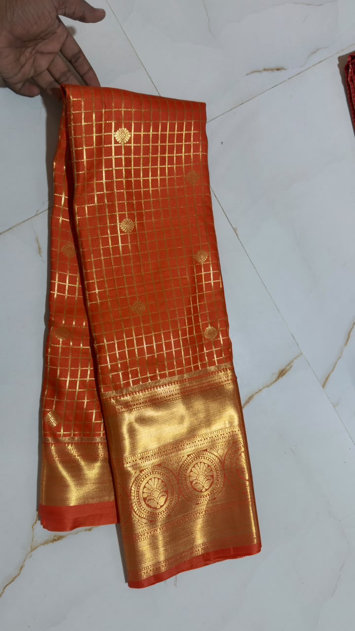 Vermilion Orange Grid Zari Kanchi Silk Saree view 1 - Rangam Saradha Silks